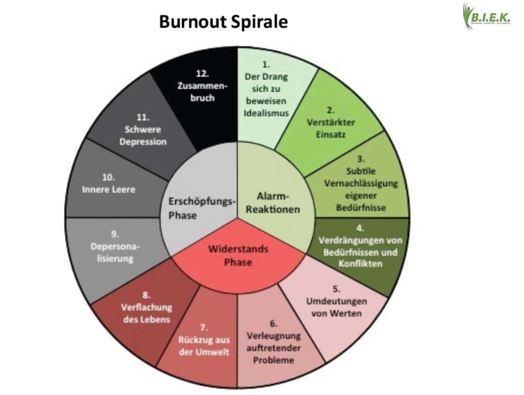 Die zwölf Stadien eines Burn-outs, als Übersicht in einem Kreisdiagramm.